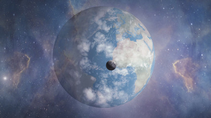 Wall Mural - world and moon. surrealistic and fantastic 3d rendering. clouds, stars, orion nebula, earth is rotat