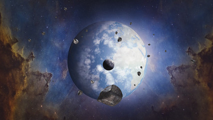 Wall Mural - world and moon. surrealistic and fantastic 3d rendering. meteorites, clouds, stars, orion nebula, se