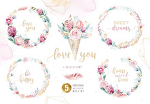 Hand Drawing Isolated Watercolor Floral Illustration With Protea Rose, Leaves, Branches And Flowers. Bohemian Gold Crystal Frames, Bouquets And Wedding Wreath Card.