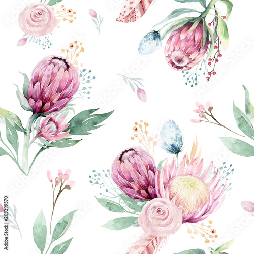 Dekoracja na wymiar  rysunek-akwarela-kwiatowy-wzor-z-rozy-protea-lisci-galezi-i-kwiatow-czeski-bezszwowe-zloto-rozowe-wzory-prorea-tlo-dla-karty-z-pozdrowieniami-slubu