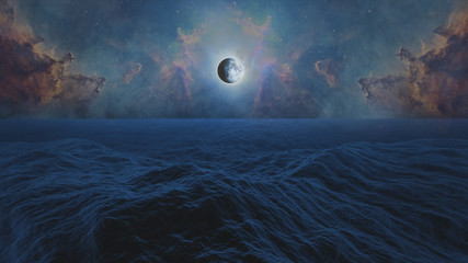 Wall Mural - Planets of Solar system Jupiter, Mercury, Saturn, Venus and ocean with big waves. Surrealistic and fantastic 3D rendering. Clouds, stars, Orion nebula, sea, waves. 