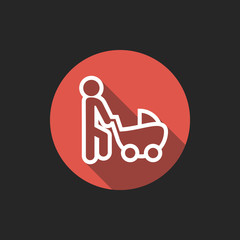 Poster - Elegant Universal White Minimalistic Thin Line Man With Baby Carriage Icon with Shadows on Circular Color Button on Black Background 