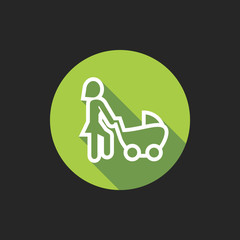 Poster - Elegant Universal White Minimalistic Thin Line Woman with Baby Carriage Icon with Shadows on Circular Color Button on Black Background