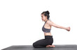 © sunti - Woman practicing yoga on a white background.