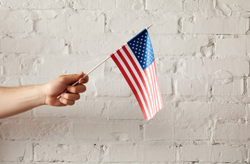 Wall Mural - partial view of man holding american flagpole against white brick wall