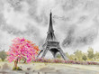 Paris European city. France, eiffel tower watercolor painting.