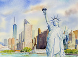 Fototapeta Miasta - Statue Liberty  in Manhattan urban. Watercolor painting