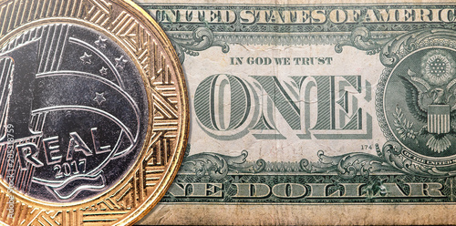 One Brazilian Real Coin Overlaped On A Us American Dollar Bill One Brazilian Real Coin Overlaped On A Us American Dollar Bill Exchange Rate And Economy Concept Idea