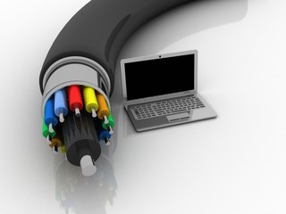 3d rendering fiber optical cable with laptop