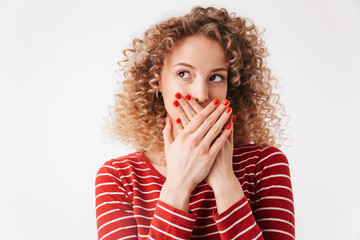 Poster - Young mystery blonde curly woman in casual clothes covering mouth