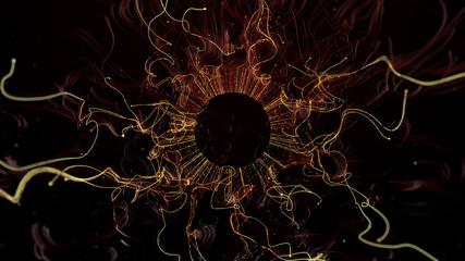 Poster - 3d render abstract background. Particles with curled trail affected with turbulence force. Bright trails, trail ends and depth of field.