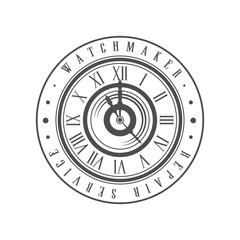 Wall Mural - Watchmaker repair service logo monochrome vintage emblem vector Illustration on a white background