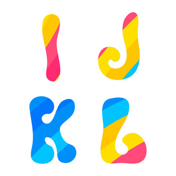 Psychedelic font with colorful pattern. Vintage hippie I J K L latin letters on white