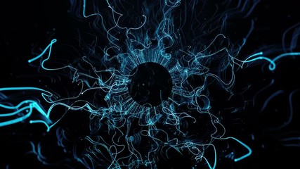 Poster - 
3d render abstract background. Particles with curled trail affected with turbulence force. Bright trails, trail ends and depth of field. Loopable camera flythrough.