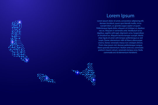 Map Comoros from printed board, chip and radio component with blue star space on the contour for banner, poster, greeting card. Computer electronics processor motherboard. Vector illustration.