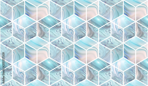 Fototapeta na wymiar 3d cubes. Abstract seamless pattern with blue and beige marble textures. Fantasy design for wallpapers or fabric.