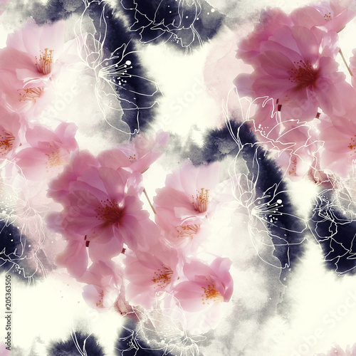 Dekoracja na wymiar  kwiat-wisni-sakura-kwiaty-wymieszac-powtorzyc-wzor-obraz-akwarelowy-i-cyfrowy-grafika-mieszana-nieskonczony