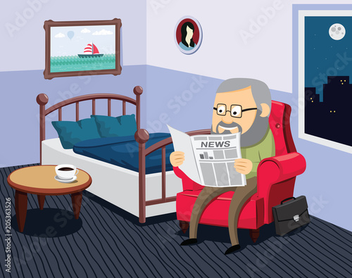 Grandpa Sitting On The Old Armchair And Reading A Newspaper In Home