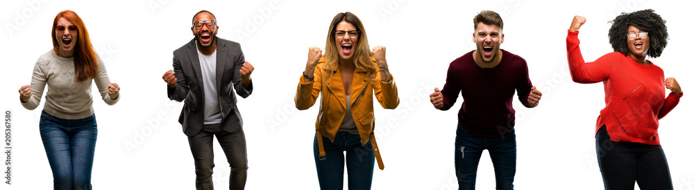 Group of cool people, woman and man happy and excited celebrating victory expressing big success, power, energy and positive emotions. Celebrates new job joyful - obrazy, fototapety, plakaty 
