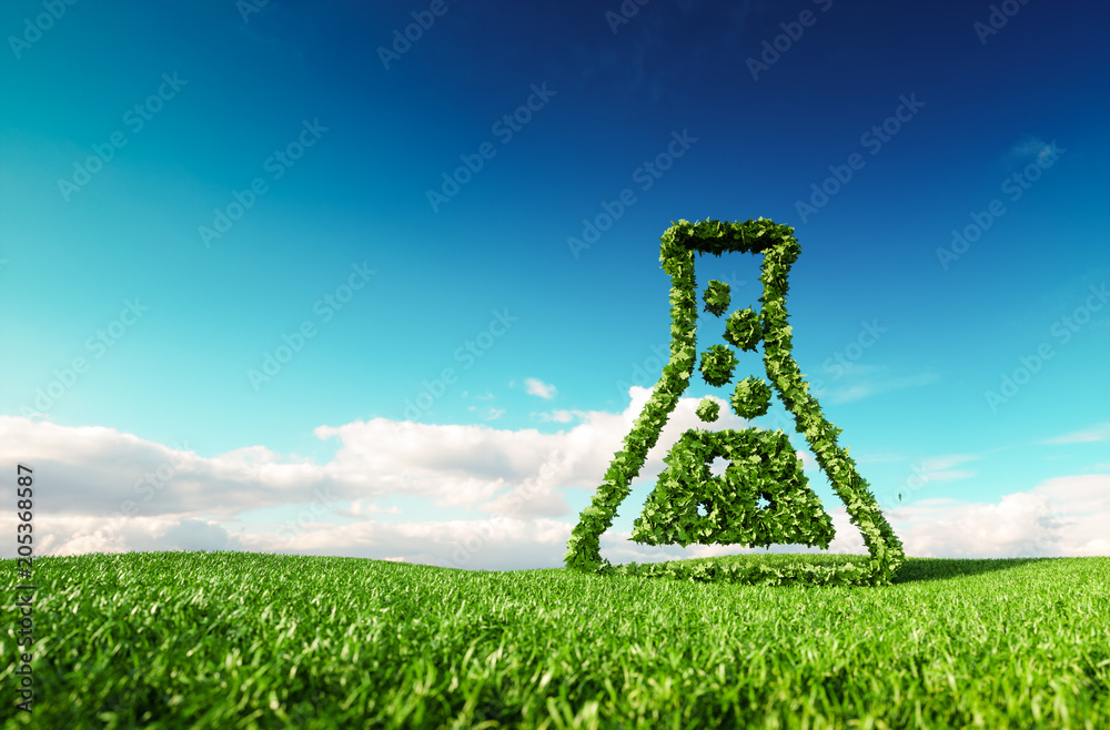 Eco friendly, bio, no waste, zero pollution, pesticide free agriculture or/and biofuel concept. 3d rendering of thumbs up icon on fresh spring meadow with blue sky in background. - obrazy, fototapety, plakaty 