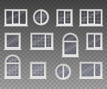 Set Of Closed Square, Rectangular, Round And Arched Windows With Transparent Glass In A White Frame. Isolated On A Transparent Background. Vector