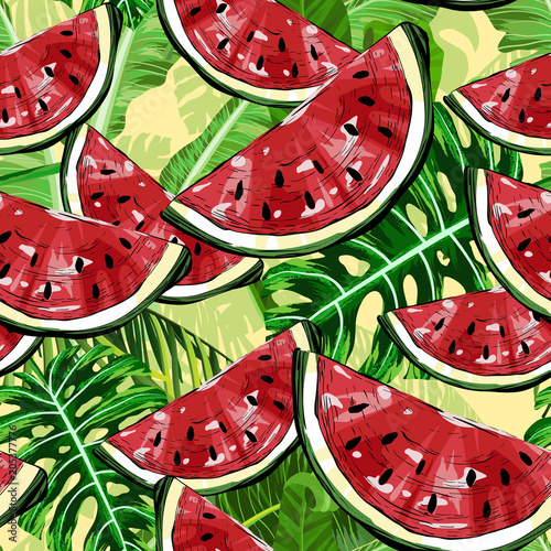 Stoffe zum Nähen Nahtloses Muster mit Wassermelonen und tropische Blätter