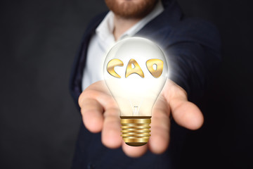 A businessman is holding a light bulb with the inscription:CAO