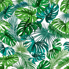 Vector tropical leaves summer seamless pattern