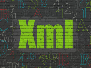 Programming concept: Painted green text Xml on Black Brick wall background with  Hexadecimal Code