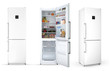 modern household refrigerator with food, three angles, isolated.