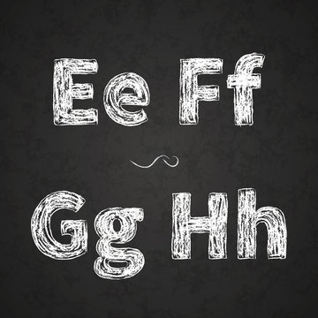 Retro hand drawn alphabet letters drawing with white chalk on black chalkboard, vintage E, F, G, H letters