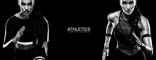 Sticker - Sport concept. Black and white photo. A strong athletic, women sprinter, running isolated on black, wearing in the sportswear, fitness and sport motivation. Runner concept.