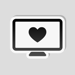 Poster - computer and heard. simple icon. Sticker style with white border