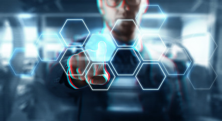 Sticker - business, technology and network concept - close up of businessman in suit working with hexagonal hologram on virtual screen over abstract background