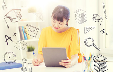 Poster - people, education, high school and learning concept - happy asian young woman student in glasses with tablet pc computer, book and notepad writing at home over doodles