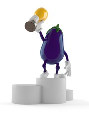 Wall Mural - Eggplant character on podium holding trophy