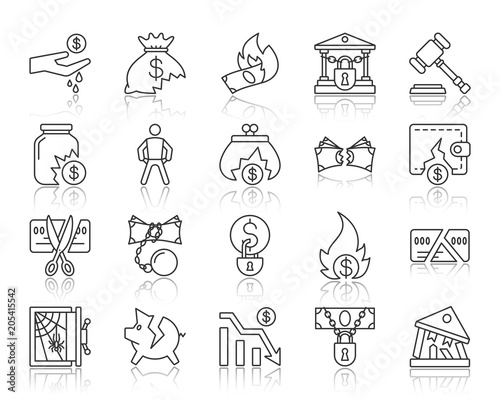 Fotografía Bankruptcy simple black line icons vector set