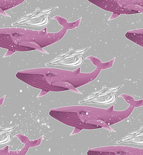 Seamless Texture With Pink Whales. Modern Repeating Background. Tile Pattern.