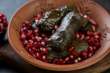 Wall Mural - Close-up of dolmades with pomegranate seeds served in a clay plate, selective focus, studio shot