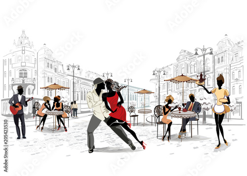 Series of the street cafes with people, men and women, in the old city, vecto...
