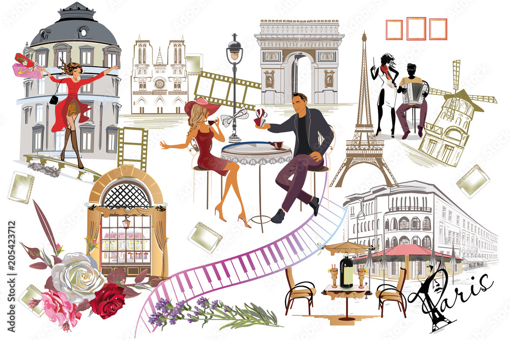Set of Paris illustrations with fashion girls, cafes and musicians. Vector illustration. - obrazy, fototapety, plakaty 