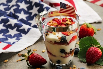 Poster - American flag red blue white yogurt berry Parfait, selectivefocus