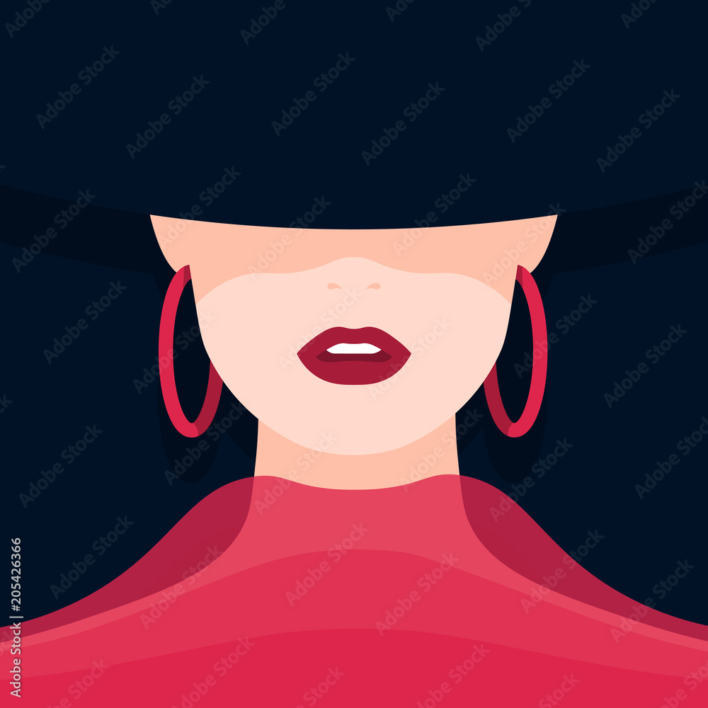 Portrait of a woman in a hat. The face of a beautiful girl. Vector flat ...