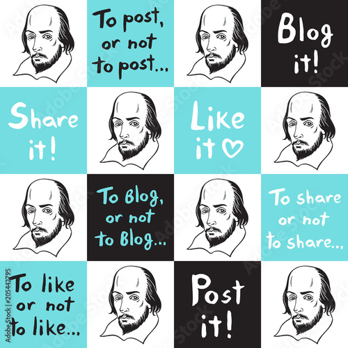 Cuadros en Lienzo Seamless vector pattern with Shakespeare portrait and social media funny citations