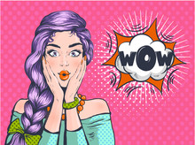 Wow Pop Art Surprised Woman Beautiful Face With Open Mouth And Bright Violet Hair On Dotted Background. Comic Woman With Speech Bubble. Vector Illustration.