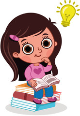 Wall Mural - Little girl searching for a good idea from the books. Vector illustration.