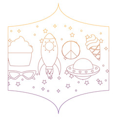 Sticker - decorative frame with rockets and spaceships pattern over white background, vector illustration