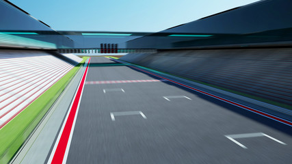 Wall Mural - Side view motion blur empty asphalt international race track with start and finish line .
