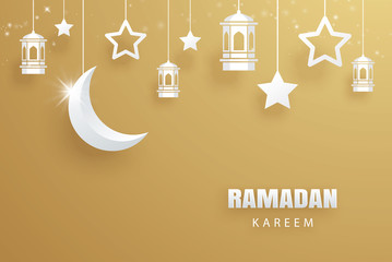 Wall Mural - Ramadan Kareem greeting card paper art gold background. Eid Mubarak moon and stars banner illustration design. Use for Islamic flyer, poster, brochure, sale.