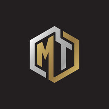 Initial Letter MT, Looping Line, Hexagon Shape Logo, Silver Gold Color On Black Background